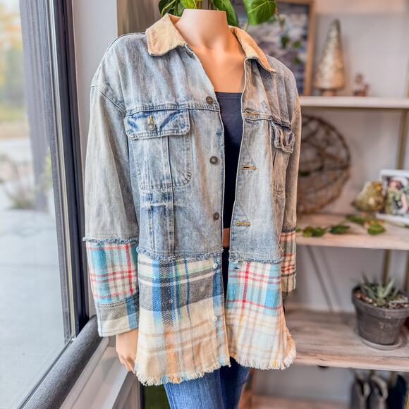 Free People Sirius Cotton Plaid-Contrast Mixed Denim Oversized Jacket, M/L - Picture 2 of 9